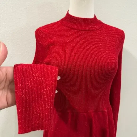 Free People Red Metallic Knit Long Sleeve Sweater Dress Small Holiday Cocktail - Picture 3 of 7
